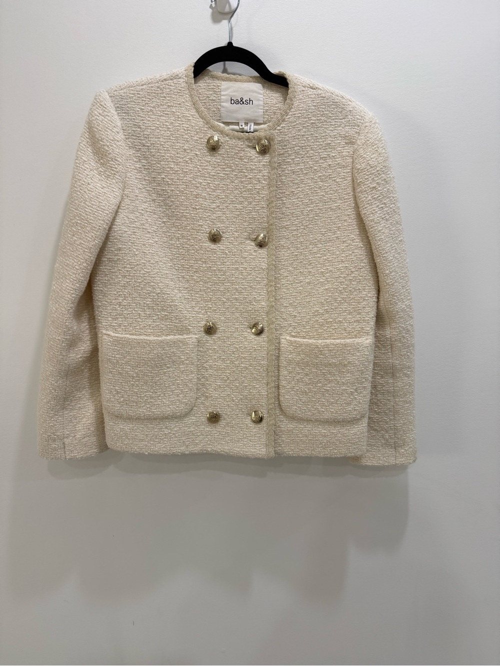ba&sh Cream Bouclé Double-Breasted Blazer with Gold Buttons